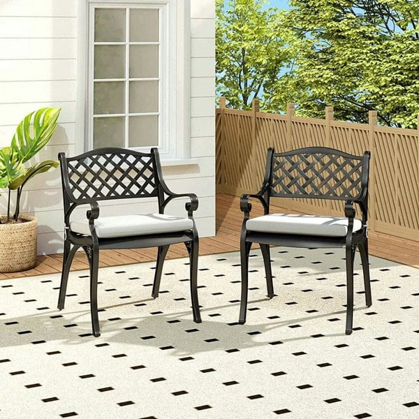 Set of 2 Garden Chairs Cast Aluminium Armchairs with Cushion Black/White Patio Side Chairs Living and Home Black