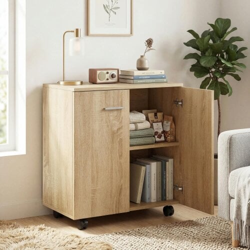 HOMCOM Mobile Sideboard Cabinet with 2 Doors Internal Shelves, Natural Wood
