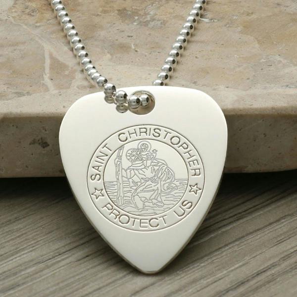 Christopher James of London Sterling Silver St Christopher Plectrum Guitar Pick Tag With Optional Engraving & Chain