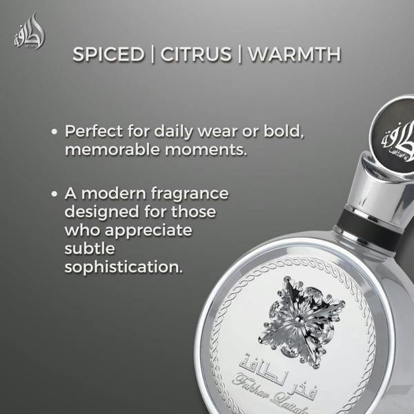 Fakhar Platin Eau De Parfum 100ml by Lattafa Perfumes spiced citrus warmth theme