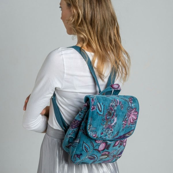 Earth Squared Printed Velvet Backpack – Floral Design, Cotton Velvet, Recycled Lining