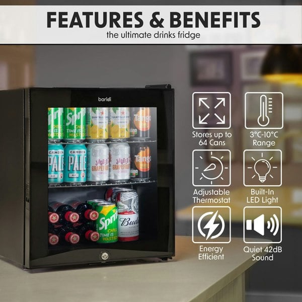 50L Tabletop Beer & Drinks Mini Fridge - 64x 330ml Cans Worktop Cooler BLACK - LoopsDirect