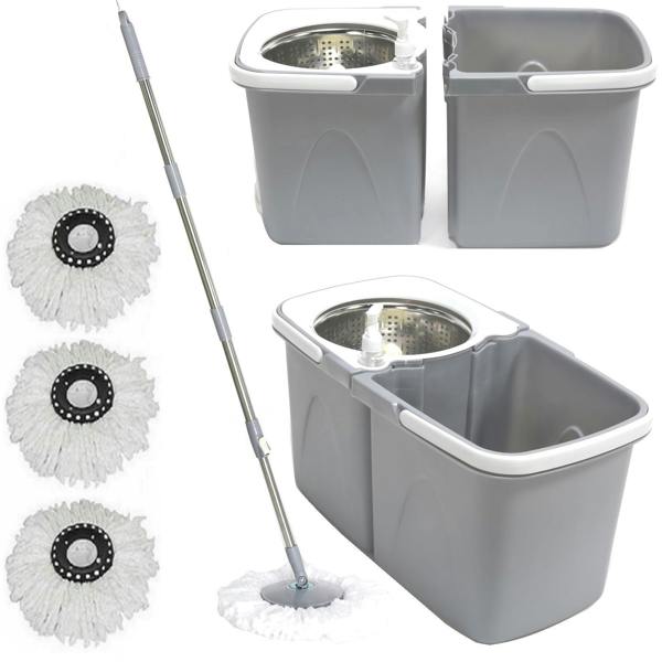 Gr8 Home Grey Space Saving 360° Rotating Dual Spin Dry Mop And Bucket 3 Microfibre Heads