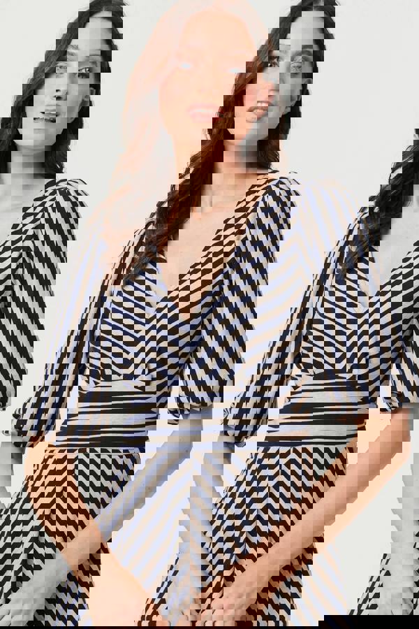 Navy | Striped 1/2 Puff Sleeve Midi Dress