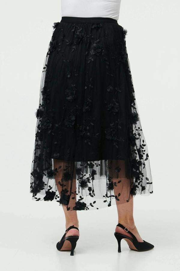 Black | Semi Sheer Embroidered Mesh Midi Skirt