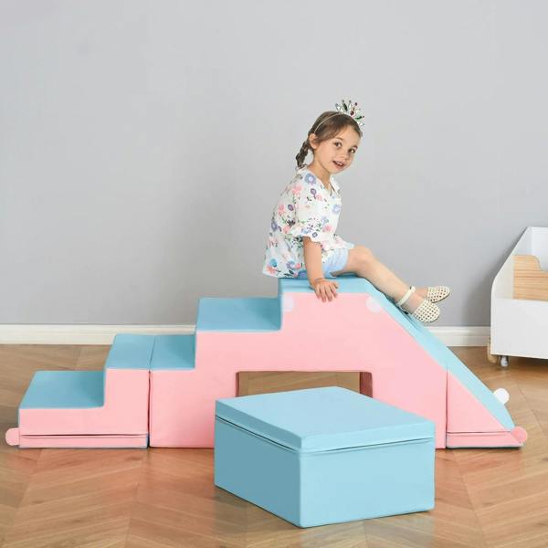 Pink and blue foam climber slide ramp with separate blue step cube