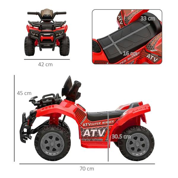 Red kids electric quad bike with seat and handlebar, shown with overall size dimensions