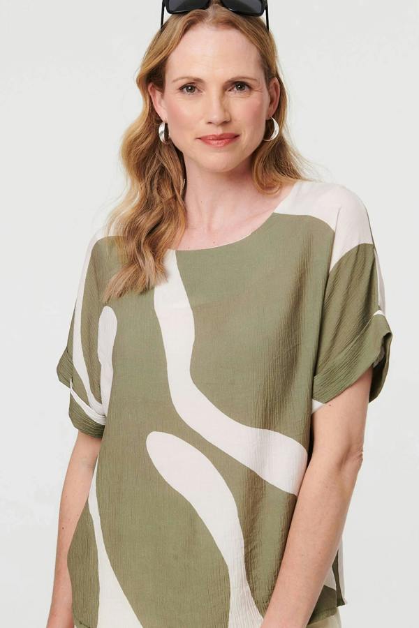 Khaki | Abstract Short Sleeve Relaxed Blouse