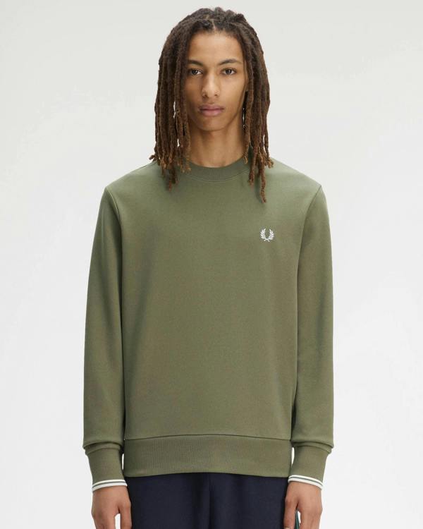Fred Perry Mens Crew Neck Sweatshirt - Laurel Wreath Green/Ecru/Dusky Blue 87B | CHO | Designer Mens Sweatshirts