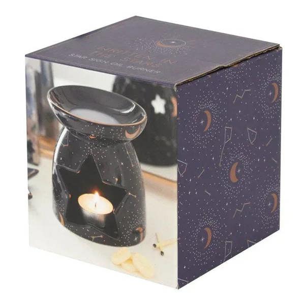 Constellation oil burner in gift box, black ceramic warmer with star and moon pattern
