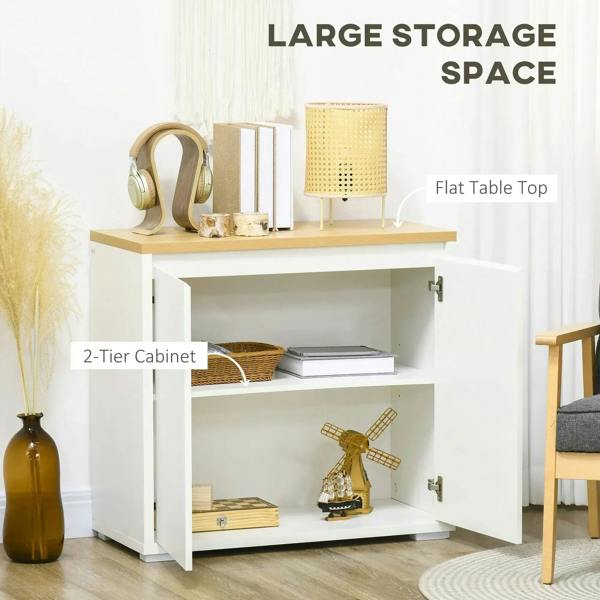 White sideboard cabinet with double doors open to reveal adjustable shelves