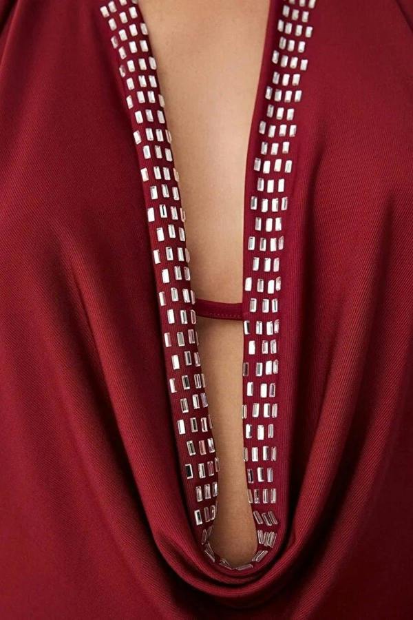 WOVCOR Cowl Neck Evening Dress with Shiny Stone Detail