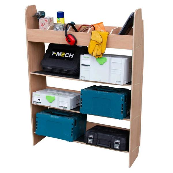 Ford Transit Custom toolbox van racking with wooden shelves, featuring stacked toolboxes, gloves, and safety gear for organized storage