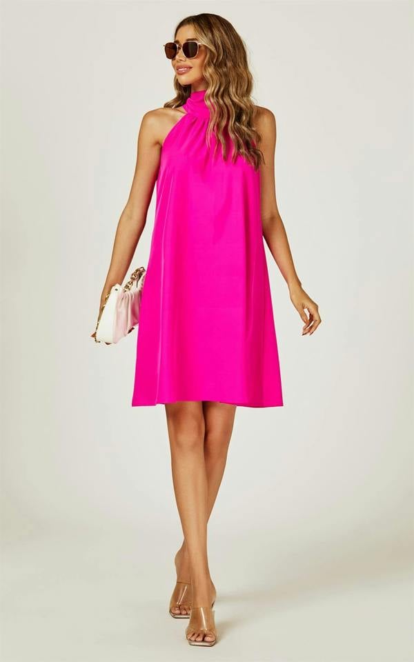 FS Collection Halter Neck Tie Back Mini Dress In Magenta