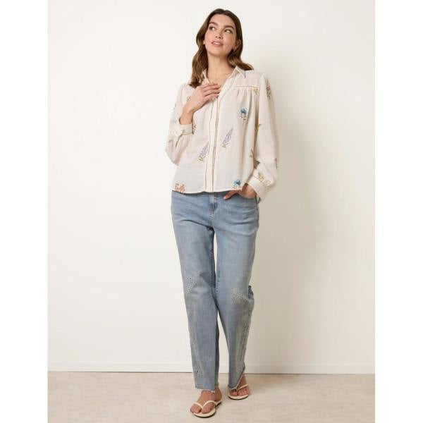 Blue Vanilla Long Sleeve Embroidered Button Front Blouse