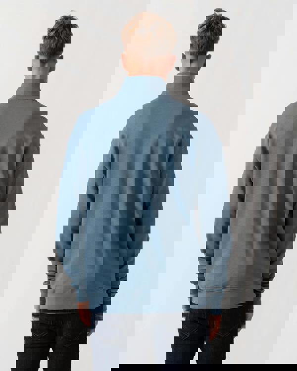 Model wearing HUGO Durty244 Mens 1/4 Zip Sweatshirt in Open Blue 496 - Back