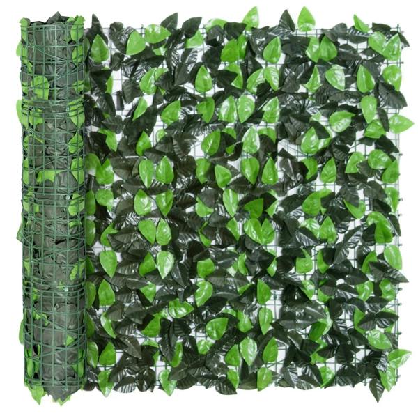 Artificial leaf hedge panel with green grid backing and dense dark and light green leaves