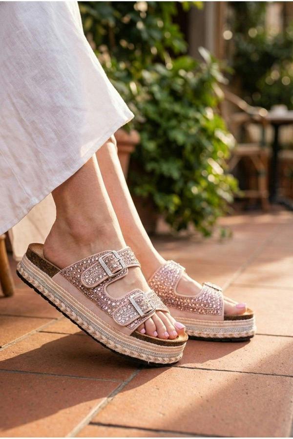 Aria Womens Rhinestone Buckle Platform Sandals - PINK