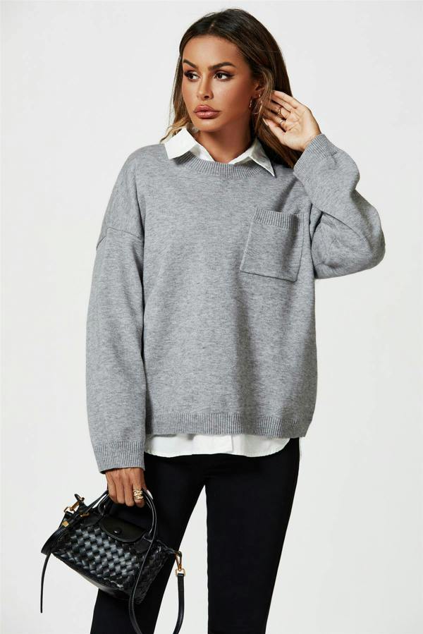 FS Collection Pocket Detail Knitted Jumper In Grey
