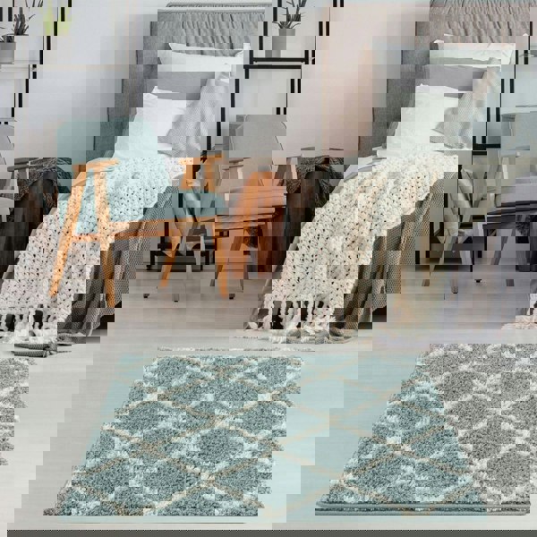 Moroccan Design Thick Shaggy Area Rugs Duck Egg Blue