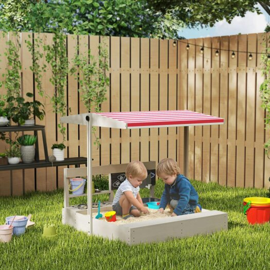 Dyzi Kids Wooden Sandbox with Adjustable Canopy Kitchen Playset and Seat