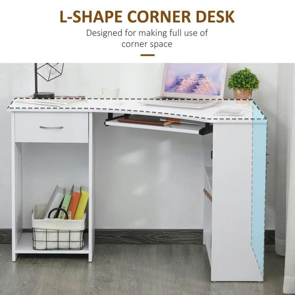 White L-shaped corner desk with open shelving and pull-out keyboard tray