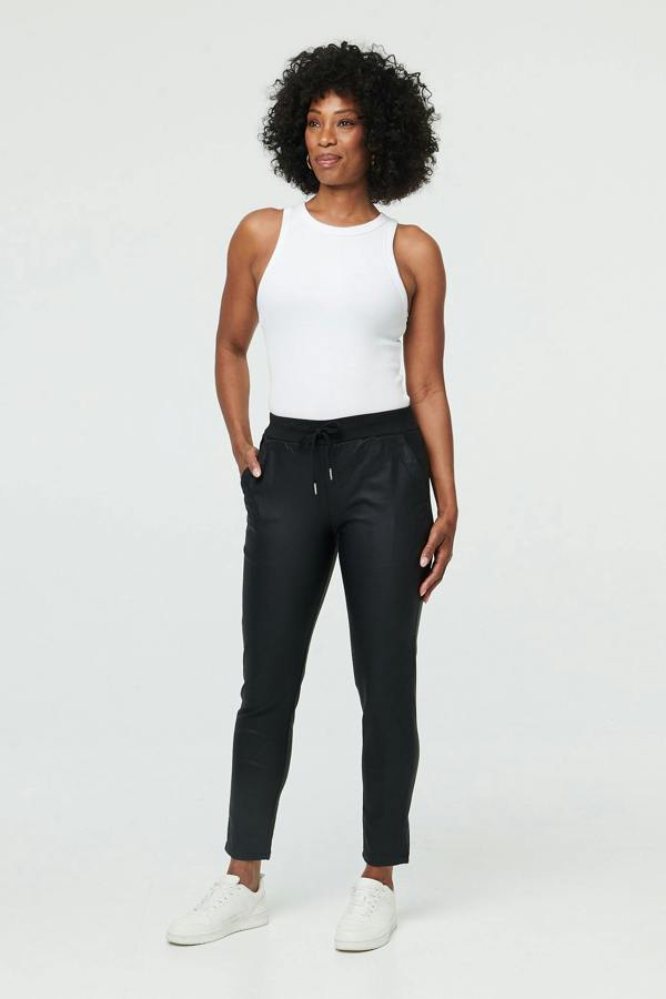 Black | Faux Leather Tie Waist Slim Trousers