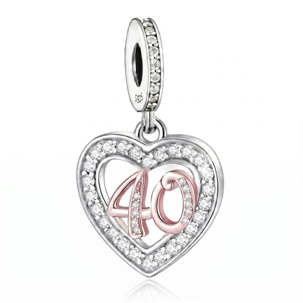 40th Birthday Charm Pandora Compatible 925 Sterling Silver Heart Dangle, Bracelet Gift for Her