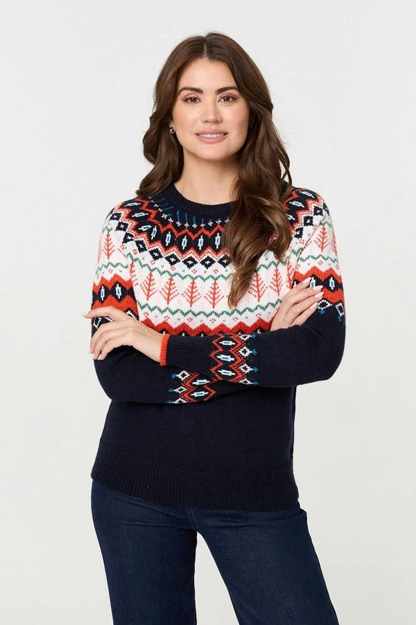 Navy | Ikat Print Long Sleeve Knitted Top
