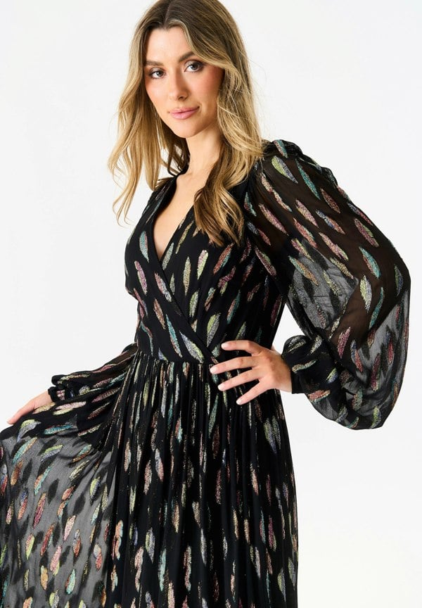 Gini London Black Metallic Print Full Sleeve Maxi Dress