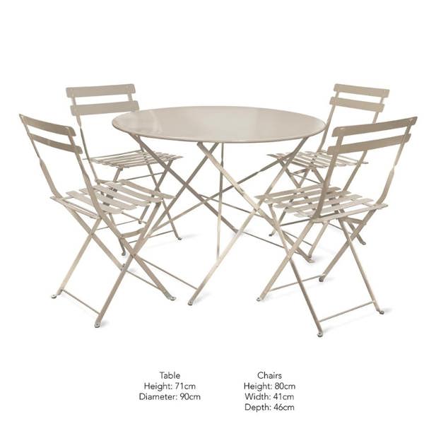 Studio product shot of a four-seater metal bistro table and chair set in clay, featuring text detailing the exact height, diameter, width, and depth dimensions.