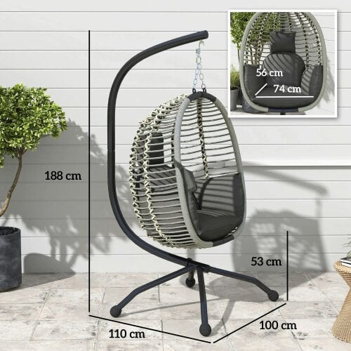 Bobobiy Outdoor Swing Chair with Thick Padded Cushion, Patio Hanging Egg Chair with Metal Stand, Foldable Basket, Rope Structure, Dark Grey