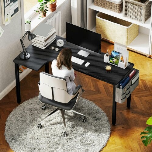Wyld Haus Monotta 145cm Metal Black L Shaped Gaming Desk With Cable Management Fabric Storage and Hooks