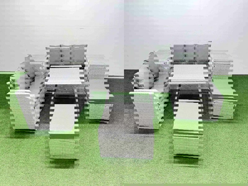Fimous Outdoor PE Rattan Garden Furniture Set Rectangular Dining Table Sofa Set with 2 Big Stool 2 Side Tables Light Grey