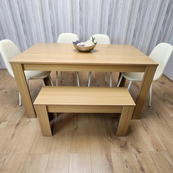Kosy Koala Wooden Dining Table Set for 6 Oak Effect Table With 4 Cream Gem Patterned  Chairs and 1 Bench