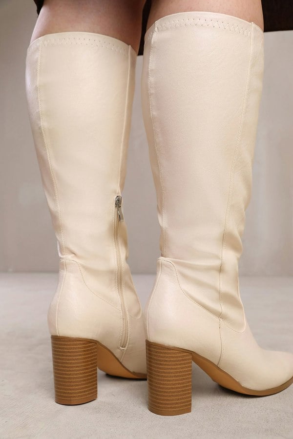 Where's That From Hawthorn Stretch Wide Calf Block Heel Knee High Boots With Stitch Detail in Wide E Fit in Cream Faux Leather