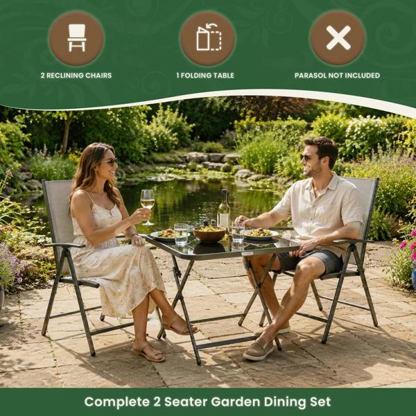 The Garden Marketplace Garden Dining Set – 2 Seater Folding Table & Reclining Chairs with Parasol Hole, Tempered Glass Top, Brown Textoline
