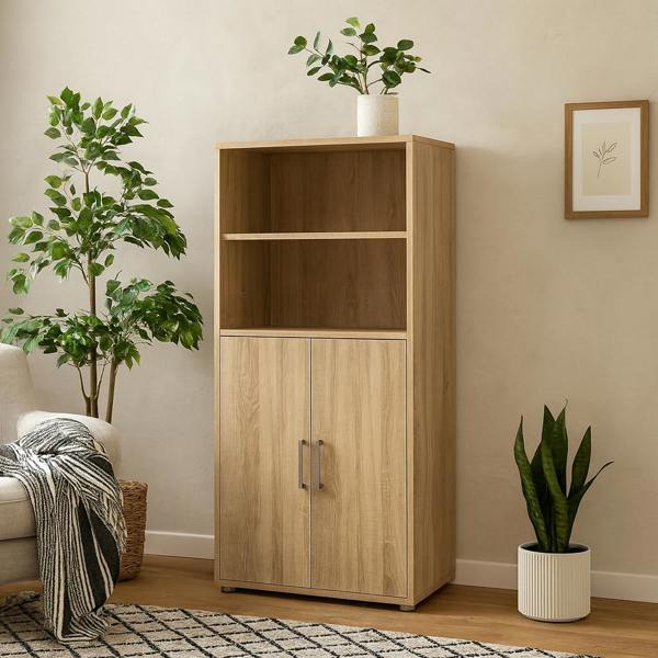 Wyld Haus Dris Natural Oak Wood Effect Bookcase 3 Shelves 2 Doors