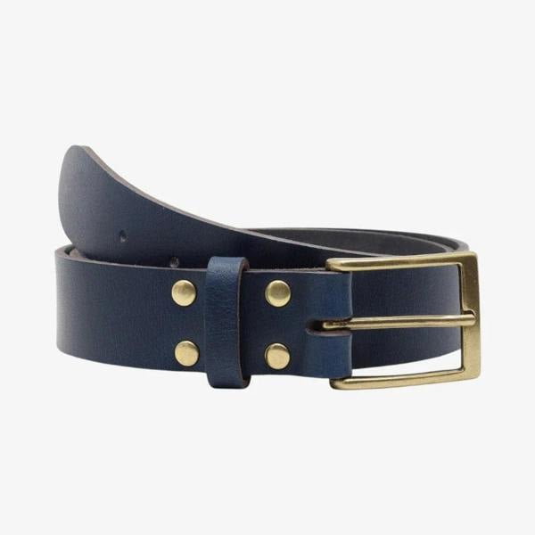 Blue leather belt with gold buckle on a white background