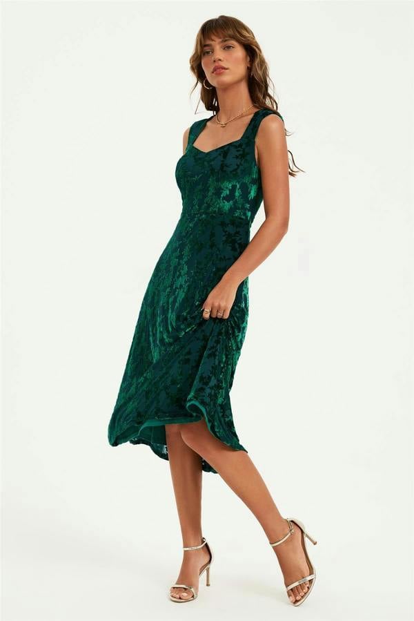 FS Collection Floral Velvet Devore Sweetheart Neck Midi Dress In Green