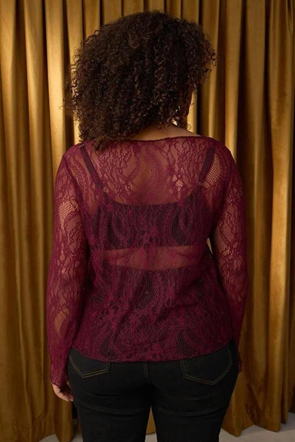 WOVCOR Regular Fit Boat Neck Lace Knit Plus Size Blouse