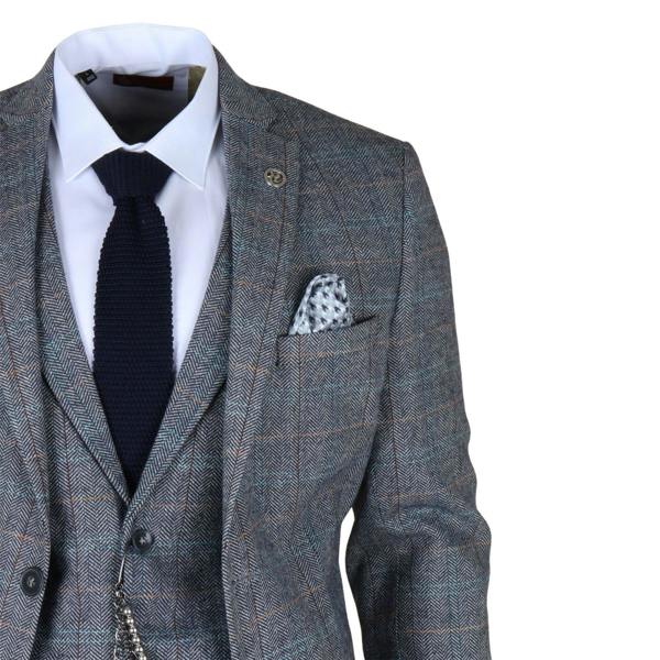 Infinity Leather Men's Light Blue Grey Check Tweed 3-Piece Suit Vintage Pattern Tailored Fit Woollen Suit