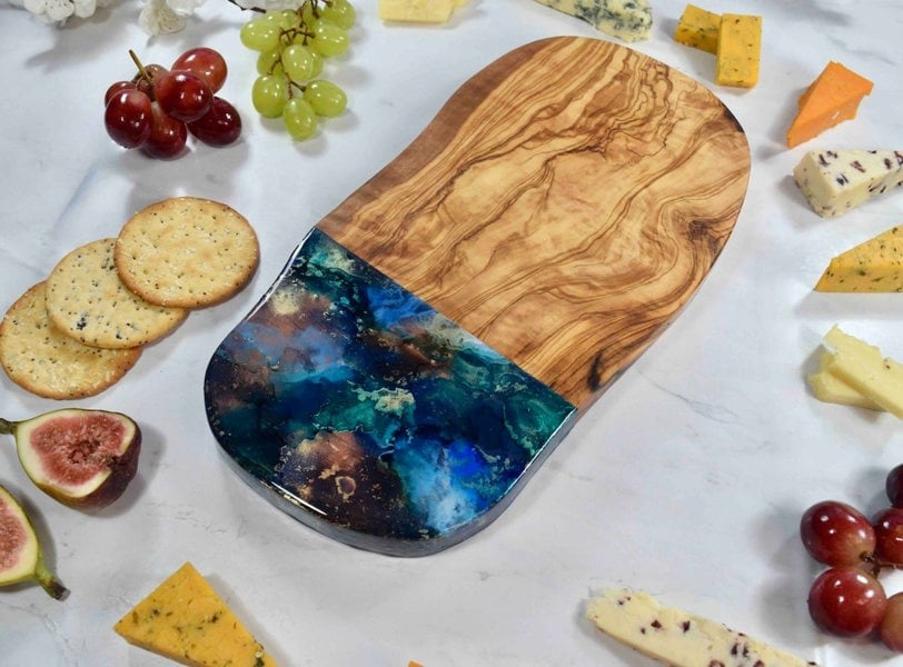 Rounded Rustic Olive Wood Cutting Board 30cm - blue gold bronze kitchen decor - cheese lover gift ideas - Kate Chesters Art - charcuterie tapas serving board