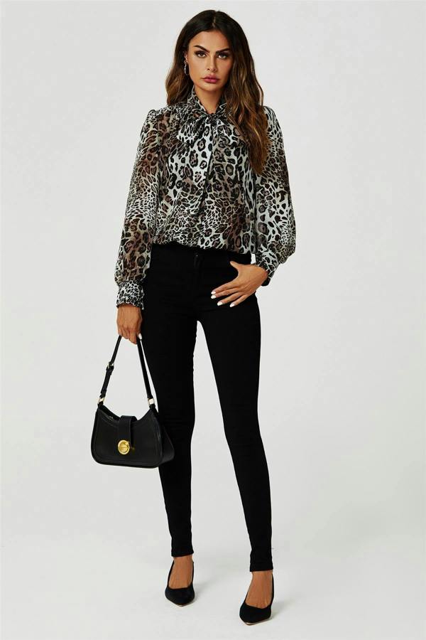 FS Collection Tie Detail long sleeve Blouse Top In Beige