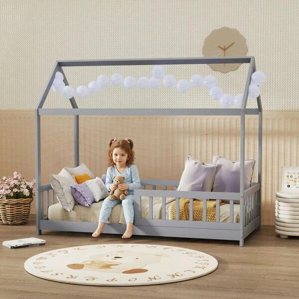 House-Shaped Kids Bed Frame with Guard Rails, Solid Pine Wood Single Bed Frame for Kids Boys and Girls, Grey - Grey