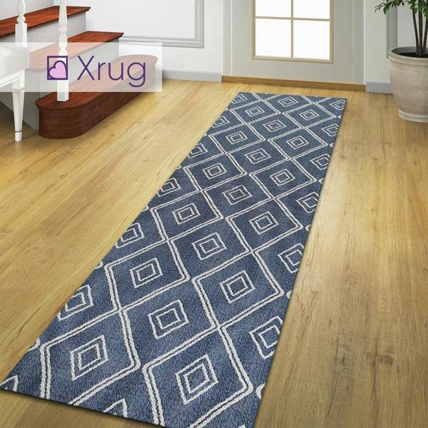 Viva Rugs Cotton Rug Navy Blue Diamond Pattern Washable Modern Woven Mat Carpet Small Extra Large - 75x300cm (2'5"x9'8")