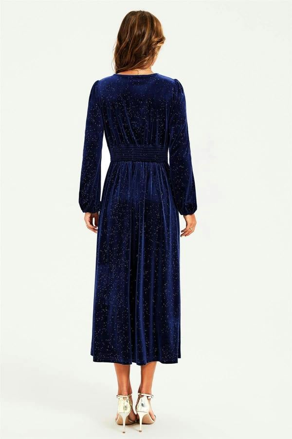 FS Collection Silver Foil Velvet Lace Trim Neckline Midi Dress In Navy