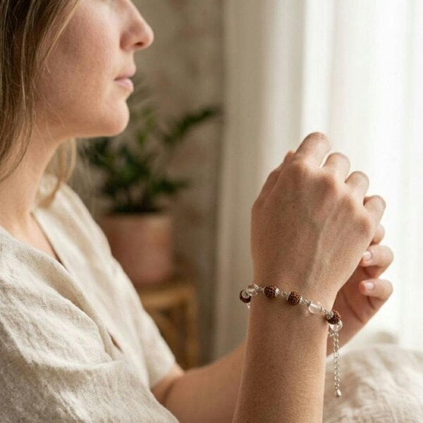 The Colourful Aura Rudraksha & Crystal Quartz Bracelet | Silver Plated