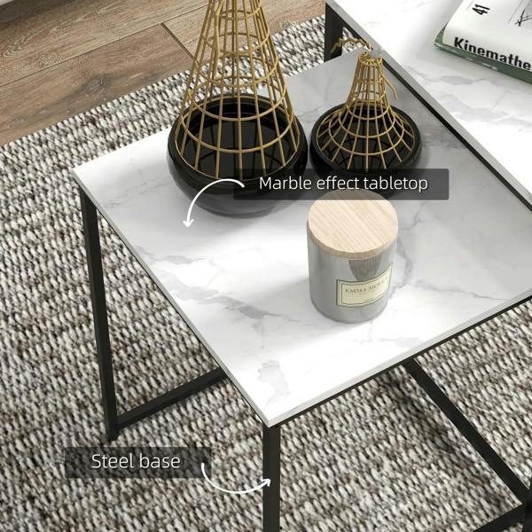 White marble-effect tabletop with black steel base for nested tables