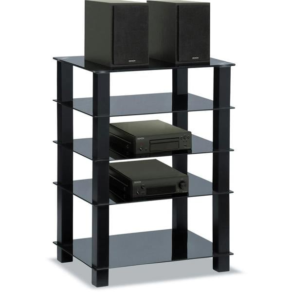 Homeology TRINITY Gloss Black 5 Shelf with Black Legs Flat Screen TV Rack Glass Stand